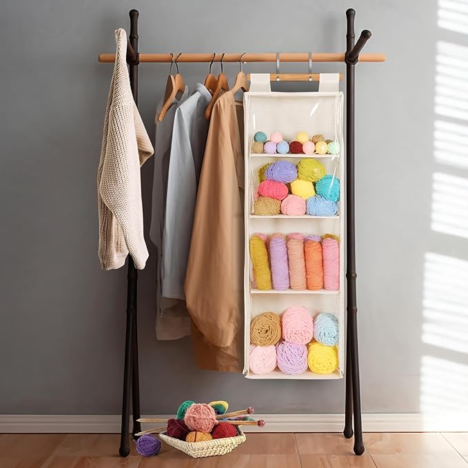 Beige Hanging Yarn Storage with 4 Large Pockets, Clear Knitting Organizer Storage with Zippers for Crochet Lovers, Hanging Yarn Holder with Over-Door Hooks for Knitting Needles Crochet Hooks