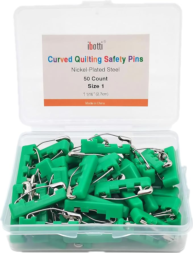 Curved Safety Pins with Grip Covers, Basting Pins for Quilting, Size 1, 50-Count, Green
