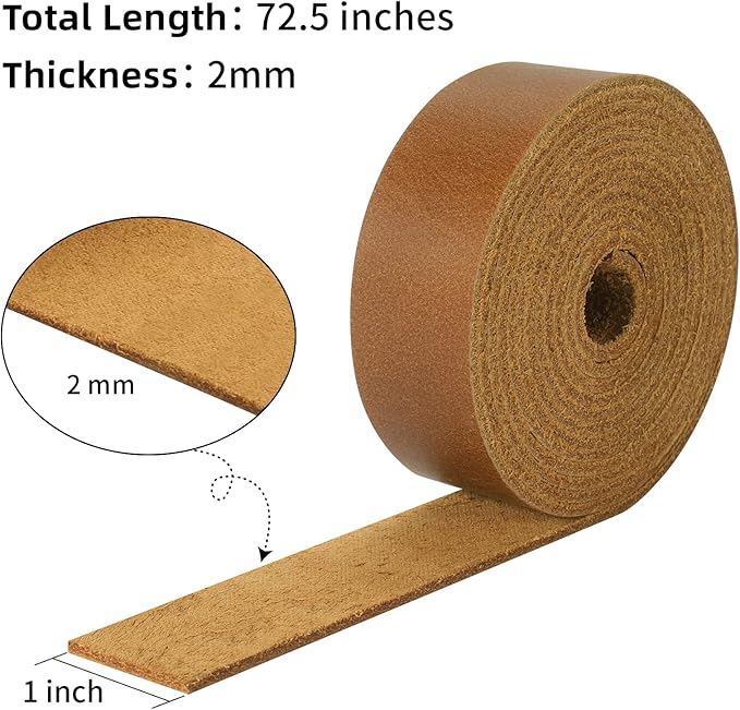 Ringsun 1 Inch Wide Flat Leather Straps for Crafts, Full Grain Leather Strips Cord String for Crafts, Tooling (2mm Thick 72.5 Inches Long Bourbon Brown)