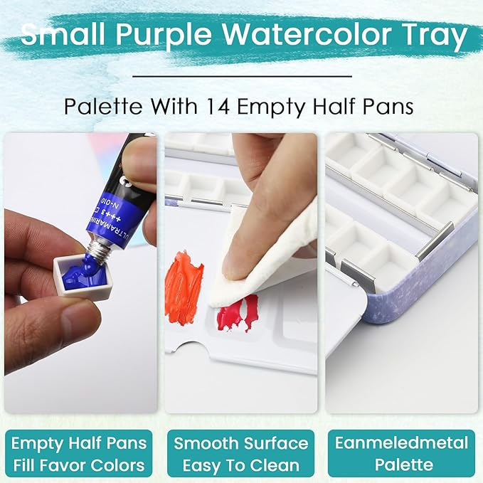 Metal Watercolor Palette - Empty with 14 Half Pans - Travel Palette for Gouache, Watercolor, Acrylic Painting - Purple