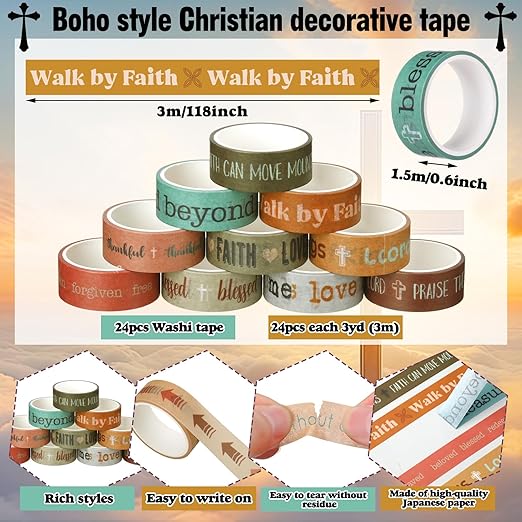 Janlaugh 24 Rolls Christian Washi Tape Gifts Bulk Religious Inspirational Scripture Supplies Boho Bible Verse Washi Tape for Bible Journaling Study Crafting New Year DIY Gifts
