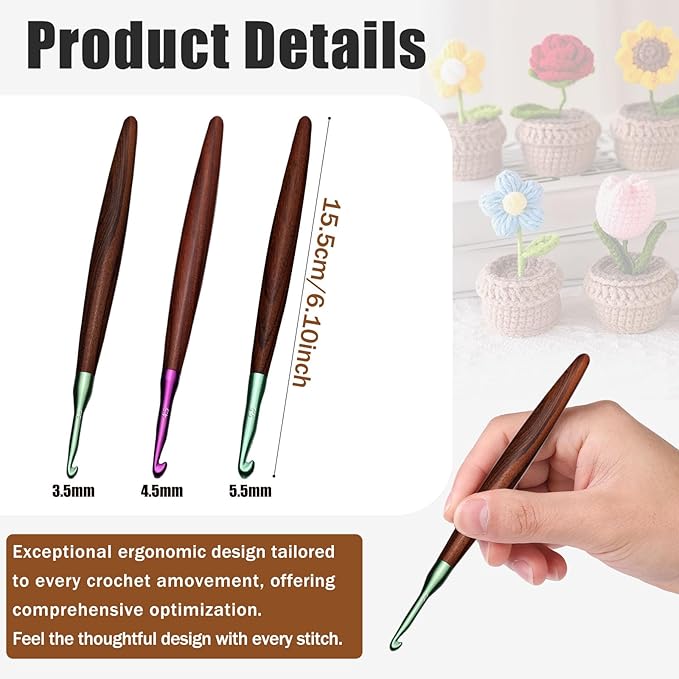 Giwrmu 3 Pcs Crochet Hooks, 3.5mm/4.5mm/5.5mm Ergonomic Crochet Hook, Colored Aluminum Crochet Hook with Wooden Handle Crochet Needle for Crocheting Yarn
