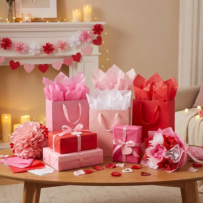 Qilery 500 Sheets Valentine's Day Pink White Tissue Paper Bulk for Gift Bags 15 x 20 Inch Acid Free Packaging Wrapping Paper Sheets for Valentine's Day Wedding Decoration DIY Flowers, Pom Poms Crafts