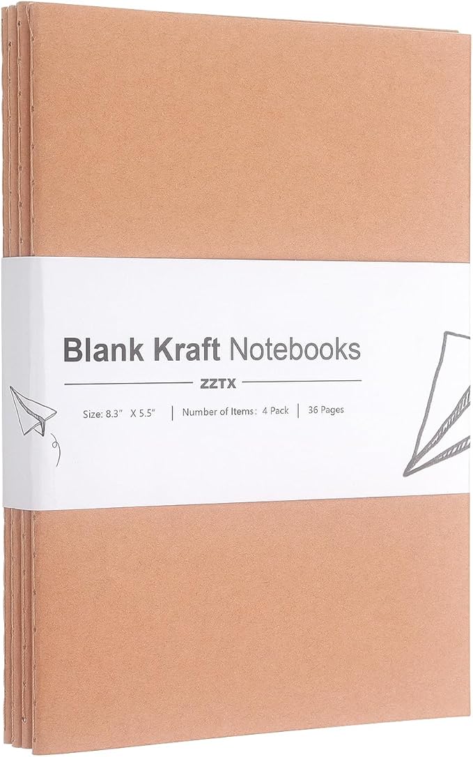 ZZTX 4 Pack Blank Kraft Notebooks, Blank Paper Sketchbooks for Drawing Doodling Writing,Travel Journal Set, A5, 36 Pages, 8.3” X 5.5”