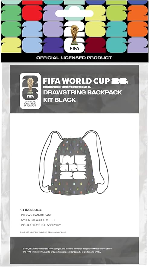 FIFA World Cup DIY Drawstring Backpack Kit – Soccer Fan Sewing Craft Project – Includes 24" x 43" Printed Canvas Panel, 12ft Nylon Paracord & Instructions – Create a 17" x 13" Handmade Sports Bag