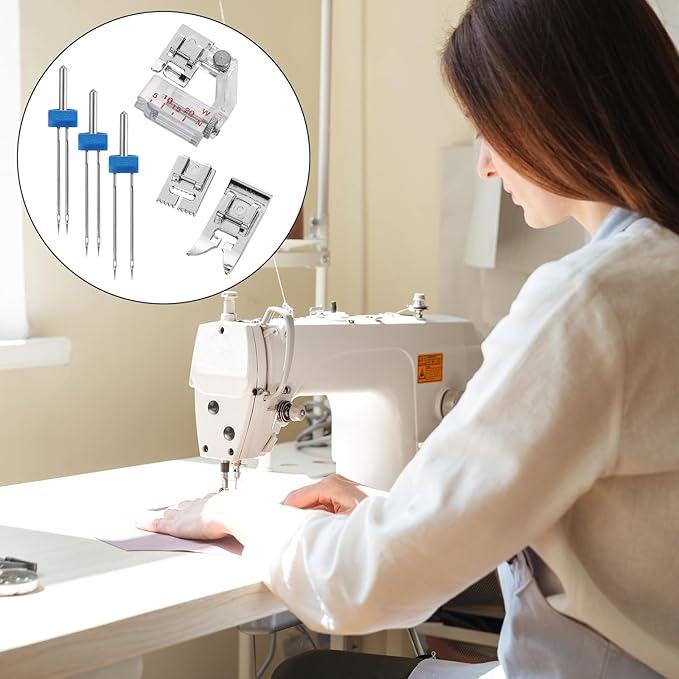 13 Pieces Stretch Twin Needles for Sewing Machine, Ballpoint Household Double Twin Brother Sewing Machine Needles Automatic Needle Pins Threader Presser Foot, Ideal Gifts for Craft Enthusiasts