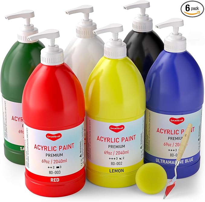 6 Colors Large Acrylic Paint Set (69 oz,2040 ml) Art Painting Bulk Supplies for Multi Surface Canvas Wood Leather Fabric Rock Craft, Non Toxic Paint for Kid & Adult with Pump