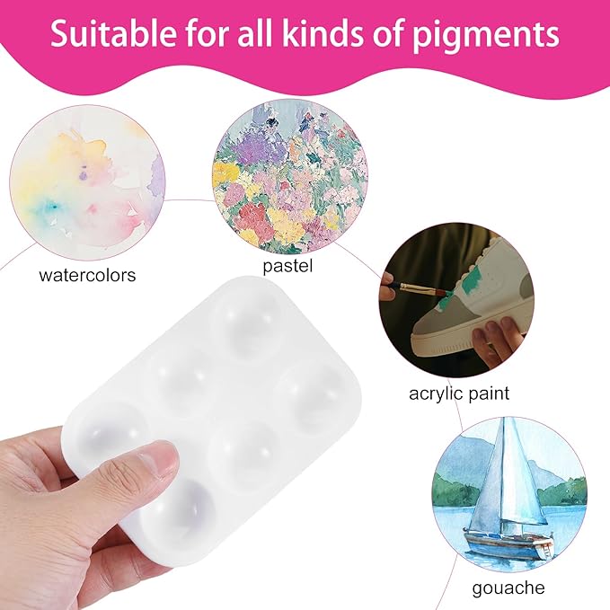100 Pcs White Plastic Paint Palette 6 Well Rectangular Watercolor Palette Paint Tray for Acrylic, Oil, and Tempera, Ideal for Artists, Students, and DIY Craft Painting