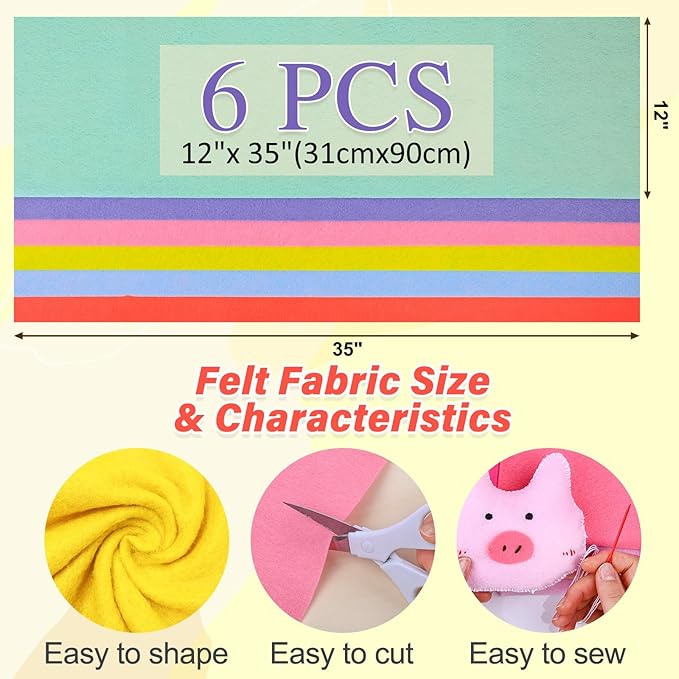 XSEINO 6 Rolls 12"x35" 1.4mm Thick Soft Felt Fabric Sheet 6 Assorted Macaron Series Colors Felt Pack for DIY Craft Sewing Squares Nonwoven Patchwork