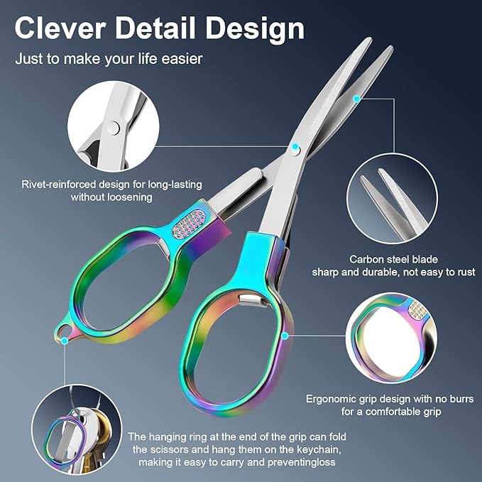2 Pcs Folding Stainless Steel Portable Mini Travel Scissors, Safety Foldable Pocket Badge Small Scissors All Purpose with 2 Keychain for Travel, Home, Office, Craft, Sewing, Nurse Accessories (Color)