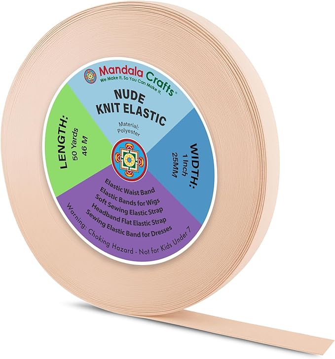 Mandala Crafts Wide 1 Inch Nude Elastic Bands Spool for Pants Waistbands Sewing and DIY Crafts, 50 YD Stretchy Flat Fabric Strap Knit Elastic Band for Wig