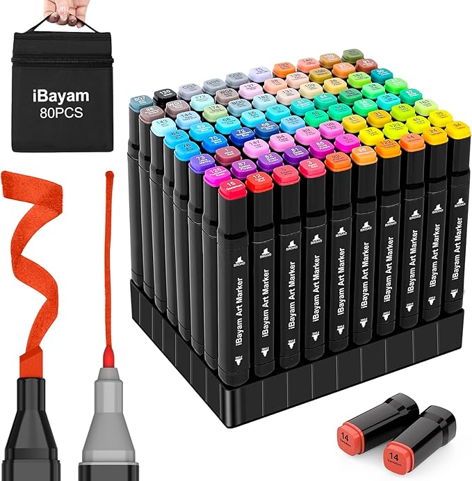 iBayam Alcohol Markers 80 Colors with Case & Holders, Dual Tips Chisel & Fine Art Markers for Adult Coloring Kids Drawing