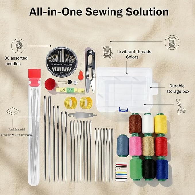 50 Pcs Big Eye Steel Sewing Needles Kit with Multicolor Threads, Needle Case, Scissors & Accessories for Beginners & Professionals