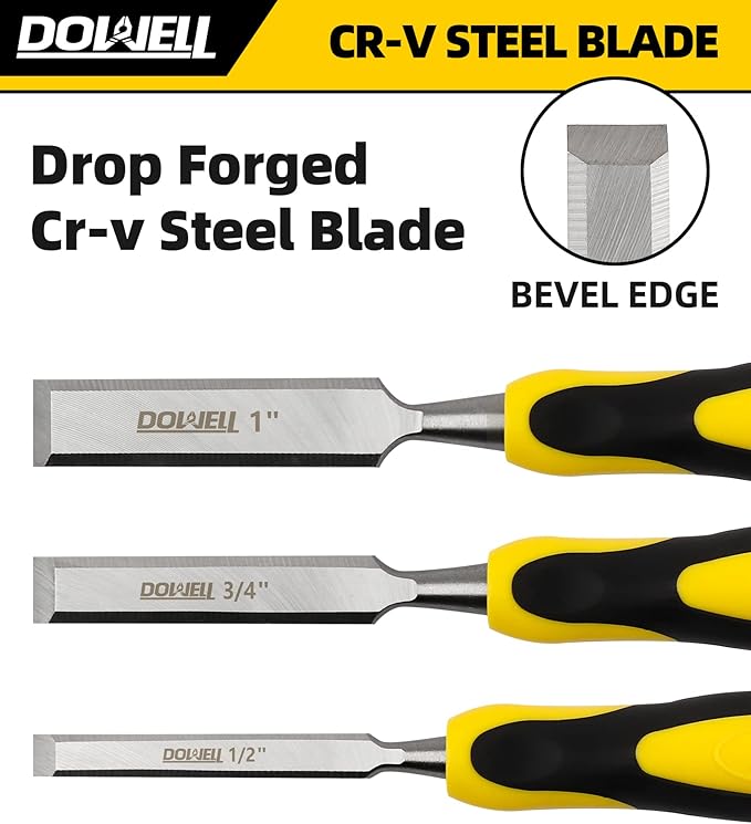 DOWELL Wood Chisel Tool Set 4pc Sturdy Chisel, 1/4 inch,1/2 inch,3/4 inch,1 inch with Carpenter Pencils HY080103