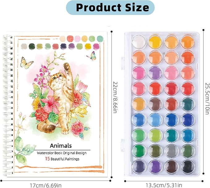 Watercolor Workbook Coloring Books 36 Colors Beginner Friendly Painting Kit, Portable Watercolor Paint Set with 2 Brush,Art Supplies for Painting Travel Gift