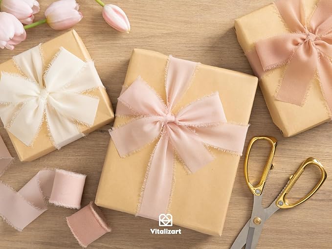 Vitalizart Pink Handmade Chiffon Silk Ribbon Fringe 1.5" x 21 Yd Blush Pink & White Frayed Edges Ribbons for Wedding Invitations Bridal Bouquets Gifts Wrapping Crafts Holiday Party Decorations