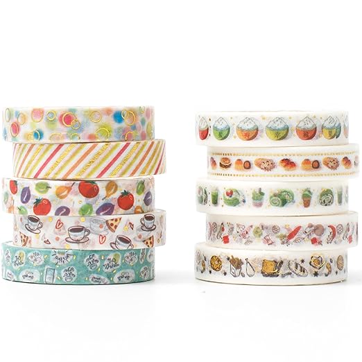YUBBAEX 10 Rolls Sparkling Washi Tape Set 8mm Skinny Gold Foil Decorative Masking Washi Tapes for Bullet Journal,Scrapbook, Planner, DIY Crafts (Gourmet Temptation)