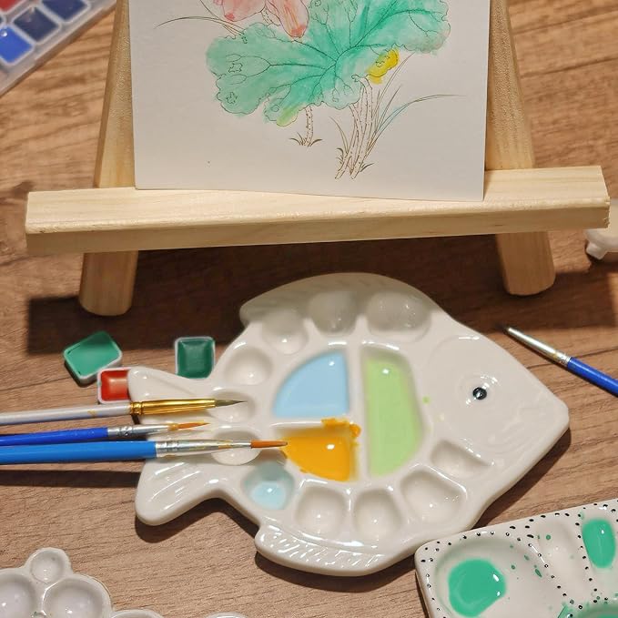 Ceramic Watercolor Palette - Whimsical Fish Design Paint Tray with Tail Brush Rest & Golden Triangle Mixing Zone, White Glazed Ceramic Artist Palette Suitable for all pigments - Painter's Gift