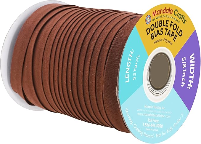 Mandala Crafts 55 Yards 5/8 Inch Brown Double Fold Bias Tape for Sewing - Bias Binding Tape for Quilting Binding, Hemming, Seam, and Fabric Piping