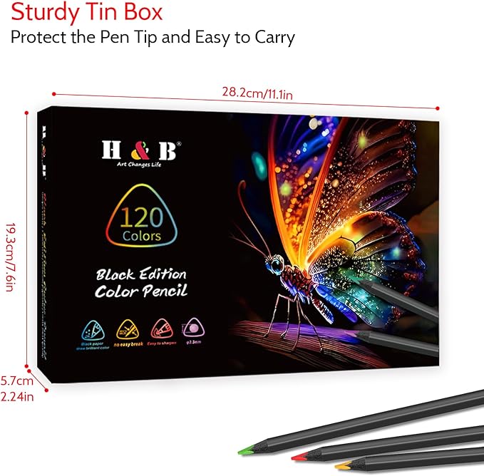 H & B 120-Color Colored Pencils Set with Metallic Colors – Soft Core, Pre-Sharpened Shading & Blending Pencils for Adults, Artists & Beginners, Packed in a Gift Metal Iron Box