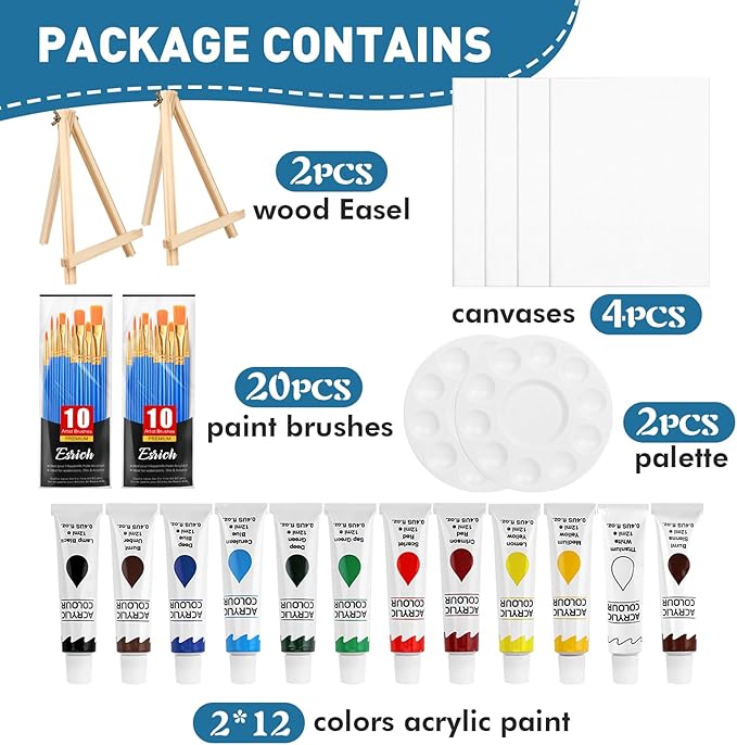ESRICH 52PCS Acrylic Paint Canvas Set, Acrylic Painting Kit with 2 Set of 12 Colors Acrylics Paint,Paint Brushes,Canvas, Wooden Easels, Art Plates, Art Painting Supplies for Kids Adults Beginners