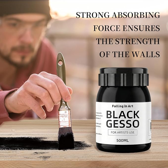 Falling in Art Black Gesso Primer for Acrylic Painting, 16.9Oz Non-Toxic Canvas Primer Gesso Surface Prep Medium