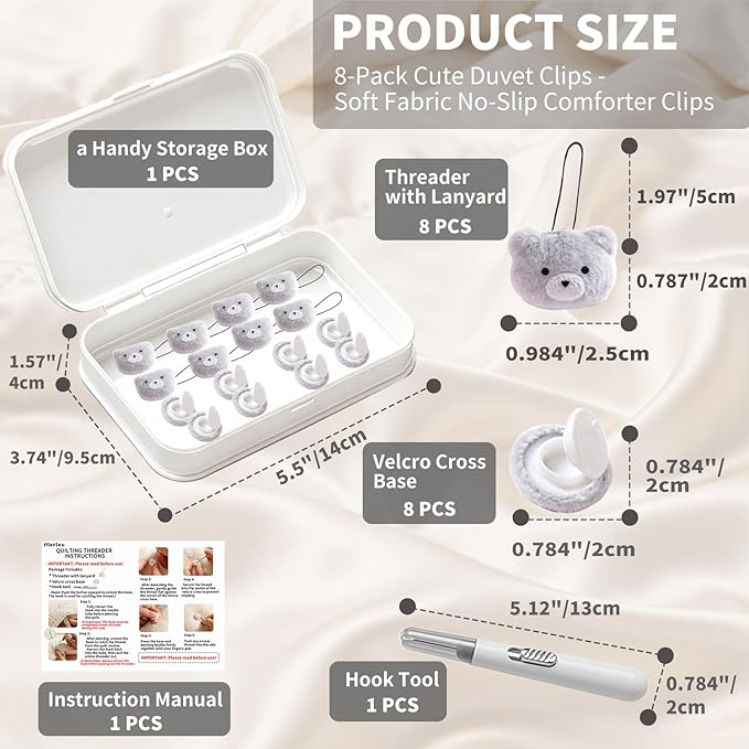 8 Pcs Duvet Clips with Pins Quilt Fixer,Non-Slip Duvet Cover Clips,Duvet Clips to Hold Comforter Inside,No Needles，Bear Pattern(Inc Hook Tool,Storage Box)(Gray)
