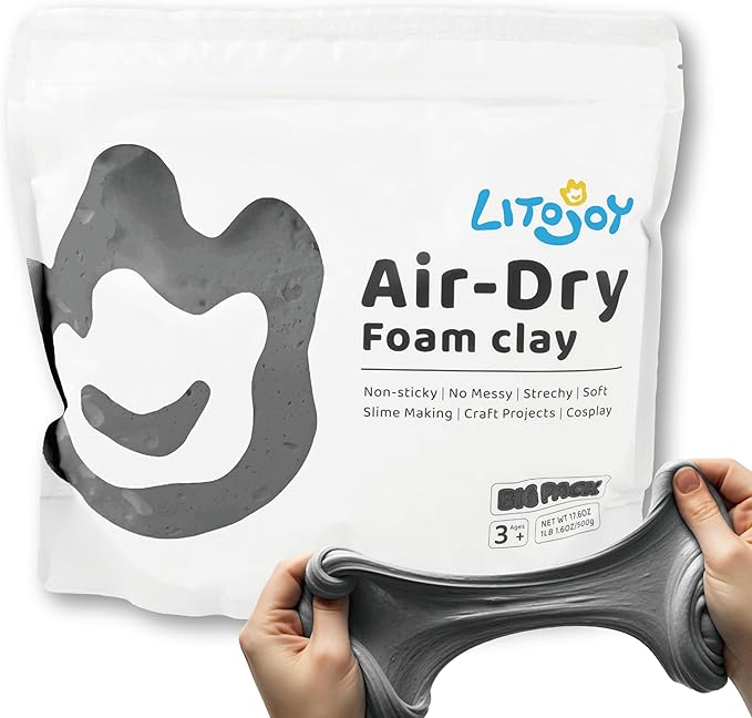 1.1 Lbs/500g LitoJoy Gray Air Dry Foam Clay - Modeling, Soft, Light Weight for School Supply, Art Projects, Halloween, Cosplay Props, Halloween Custom, Slime Supplies, Back to School (Gray)