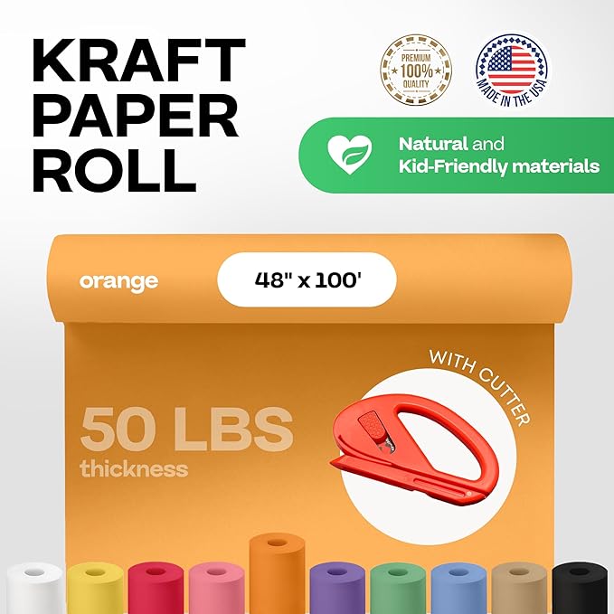 Orange Kraft Paper Roll 48" x 1200" (100 feet) with Cutter - USA-Made Gift Wrapping Paper for Packing, Moving, Shipping & Crafts/Arts - 100% Recyclable Natural Craft Material by IDL Packaging