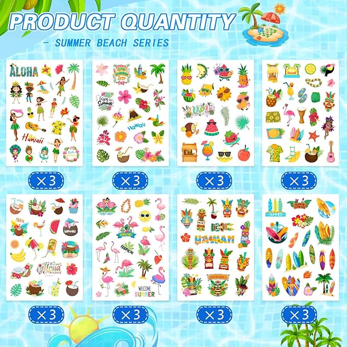 24 Sheets Summer Pool Beach Stickers Luau Hawaii Sun Stickers Sea Beach Watermelon Beer Ice Cream Pineapple Sticker for Hawaii Tropical Decoration Sticker Summer Holiday Party Favors