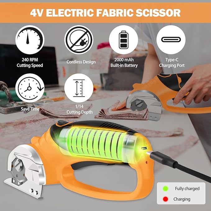 Cordless Electric Scissors, 4V Box Cutter & Cardboard Cutter with 2 Titanium Blades - Rotary Cutter with LED Light for Fabric, Leather, Carpet, Plastic, Crafting + Storage Case (Orange)