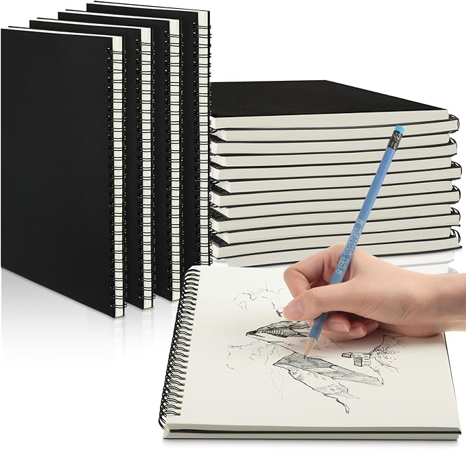 Gueevin 24 Pack Sketch Books Bulk 7.5" x 10" Spiral Bound Sketch Pads for Drawing Hardcover 60 Sheets Bulk Sketchbooks for Artist Adult Art Supplies Pencil Pastel,100gsm (Black)