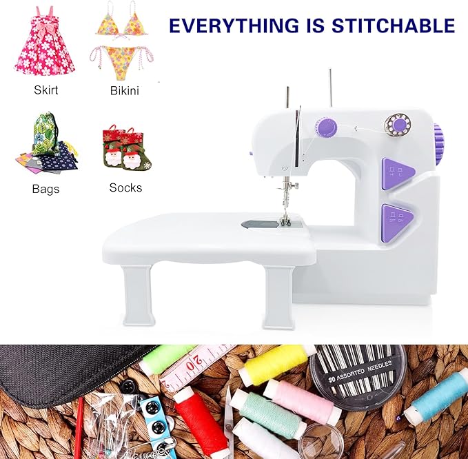 Mini Sewing Machine for Beginners, Dual Speed Easy Automatic Sewing Machine with Expansion Table, Sewing Tool and Needle Shield Suitable for Family and Travel (White)
