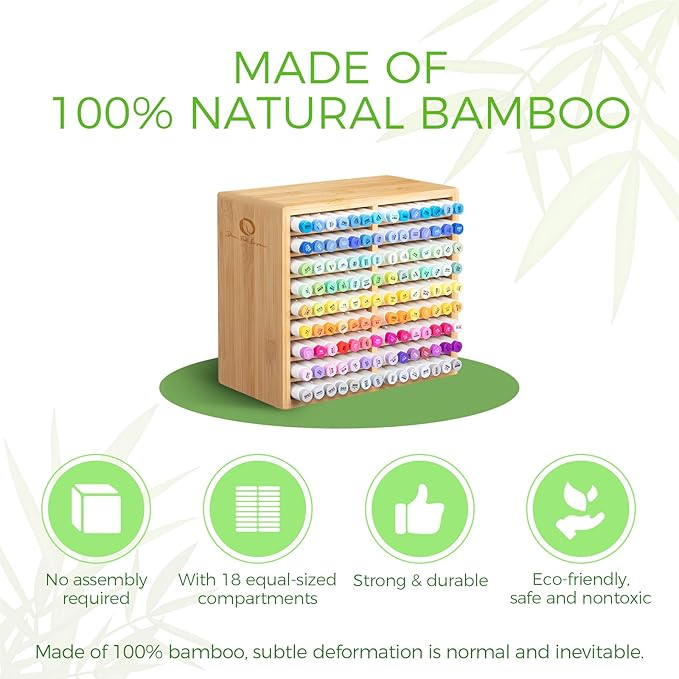 Ohuhu Bamboo Marker Organizer, Wooden Desktop Storage Hold 126 Markers, Pens, Pencils, Art Brushes Stationary Organizer Pencil Holder with 18 Compartments for Home, Classroom, Office Decor
