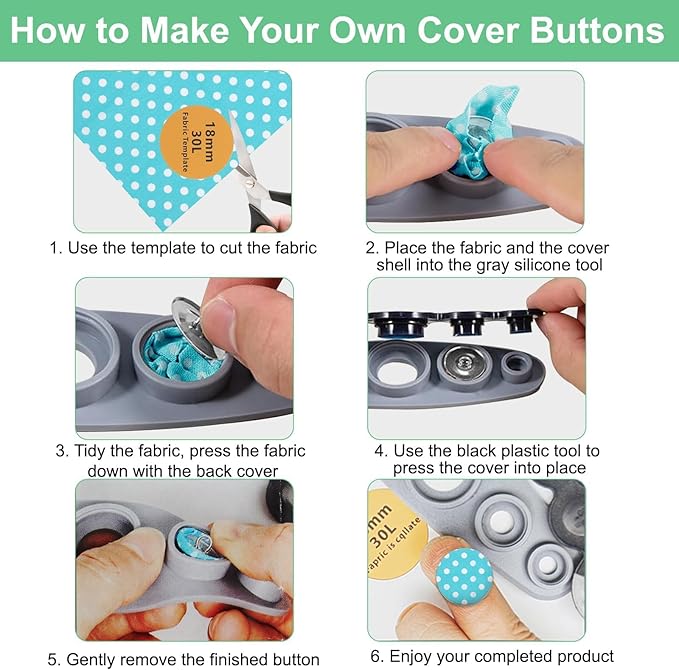 TSV Cover Button Kit with Tools, 100Pcs 5 Sizes Covered Buttons Fabric Template & 8Pcs Quilting Fabric Square Set for DIY, Clothes, Sweaters, and Crafts