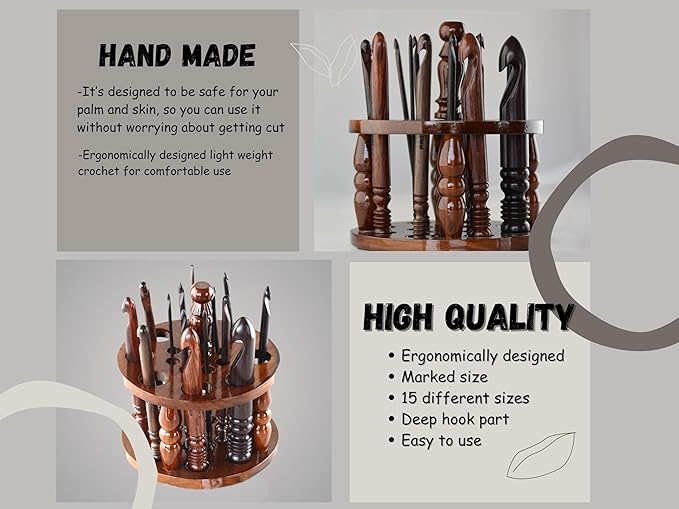 DnU Avenue Rosewood Set of 15 Ergonomic Crochet Hooks 3.5 MM to 25 MM, Wooden Yarn Crochet Hooks for Arthritic Hands, Knitting & Crochet Hook, Soft Grip, Wood Finish, Brown (Hooks with Stand)