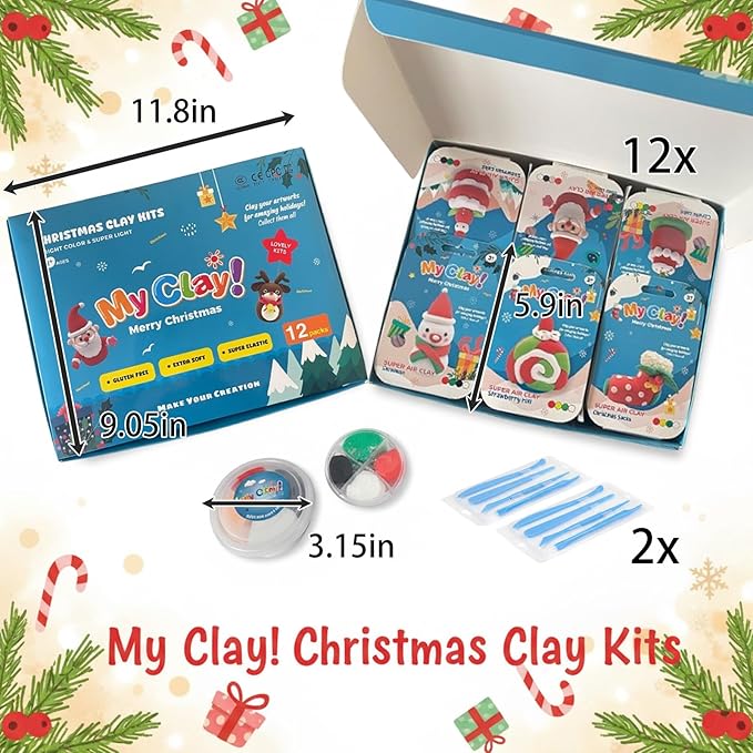 Air Dry Clay for Kids, 12 Christmas Modeling Clay DIY Model Magic Clay Kit with Tools&Tutorials, Soft&Non-Sticky, Safe&Non-Toxic, Creatible Art Crafts Toys Gifts for Kids,Christmas Crafts Xmas Gift