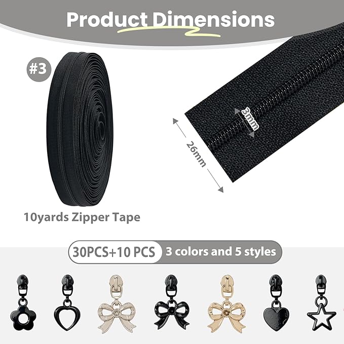 Mylbeter #3 Nylon Coil Zippers by The Yards Black Bulk Zippers 10 Yards with 40PCS Sliders Continuous Zipper Tape for DIY Bag Clothing Sewing Crafts Gold Pull Sliver Slider Zipper for Bags and Purses