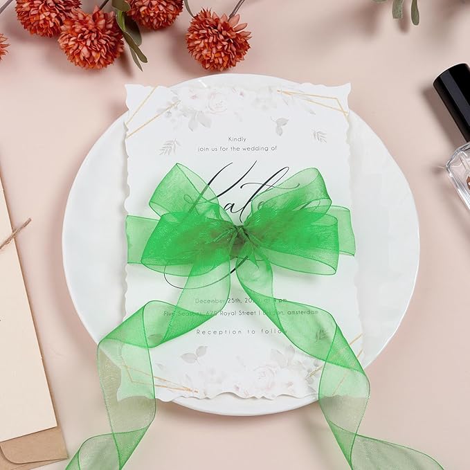 Green Ribbon for Gift Wrapping 3/8 inch Sheer Organza Ribbon for Flower Bouquet Tulle Chiffon Ribbons for Wedding Invitations Christmas Halloween Decorations Crafts 50 Yards