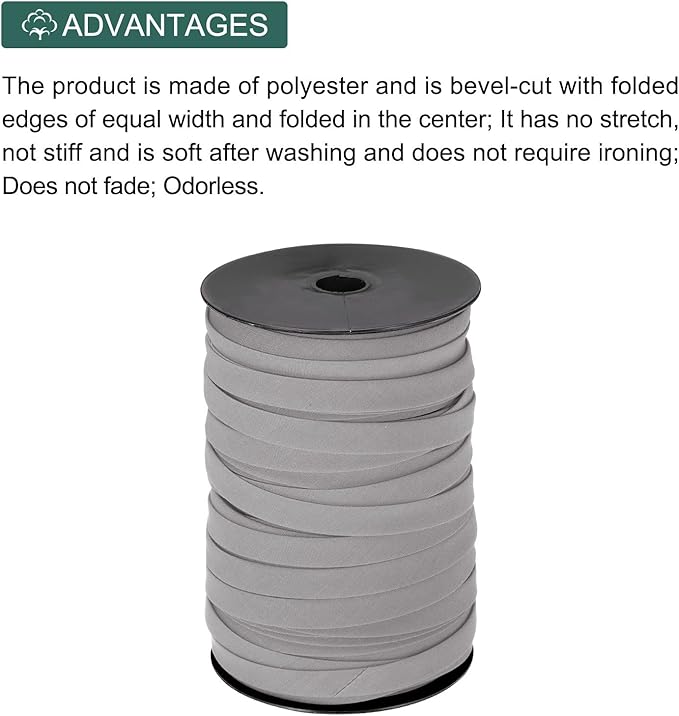 MECCANIXITY 1/2 Inch Double Fold Bias Tape Polyester Continuous Bulk Bias Tape for Sewing, Seaming Quilting Hemming Binding Crafts (Grey 100 Yards)