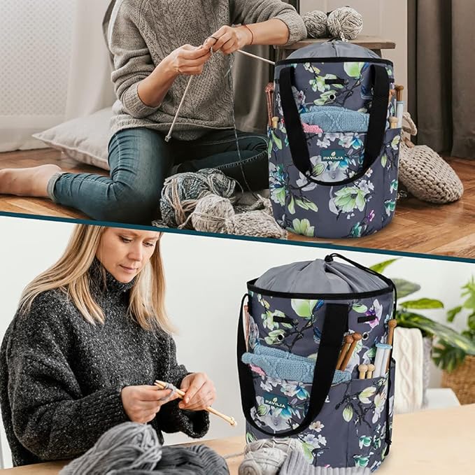 PAVILIA Crochet Bag Knitting Bag Organizer, Yarn Bag Storage Tote for Crocheting On The Go, Knitting Accessories Supplies Holder with Grommets, Gift for Crochet Lovers Knitters (Floral Gray)