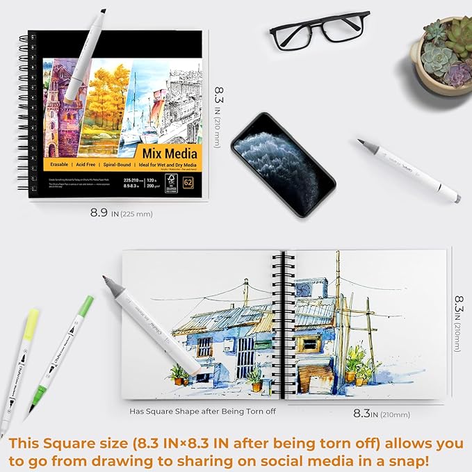 Ohuhu Mix Media Pad, 8.9"x8.3" Mixed Media Art Sketchbook, 120 lb/200 GSM Heavyweight Papers, 62 Sheets/124 Pages, Spiral Bound Mix Media Paper Pad for Acrylic, Painting, Christmas Gift