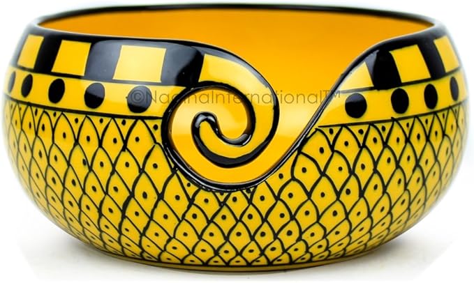 Nagina International Ceramic Attractively Hand Painted Gorgeous Stoneware Yarn Ball Storage Bowl With Innovative Dispensing Curl | Knitting & Crochet Accessions (Large, Curry Yellow)