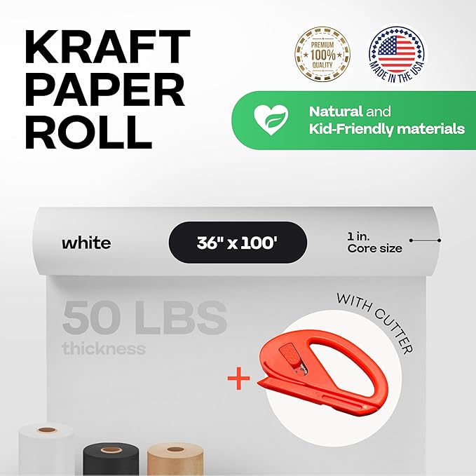 White Kraft Paper Roll 36" x 1200" (100 feet) with Cutter - USA-Made Quality Paper 50lb Thickness for Wrapping, Packing, Moving, Shipping, & Crafts/Arts - Natural Kraft Material by IDL Packaging