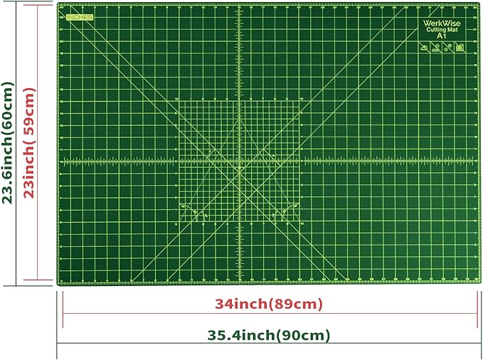 Thickness-Upgraded 24" x 36" Self Healing Sewing Mat, WerkWise Rotary Cutting Mat, Double Sided 5-Ply 24x36 Inch Cutting Board for Quilting, Fabric, & Crafts, Use with Rotary Cutters (Green & Black)