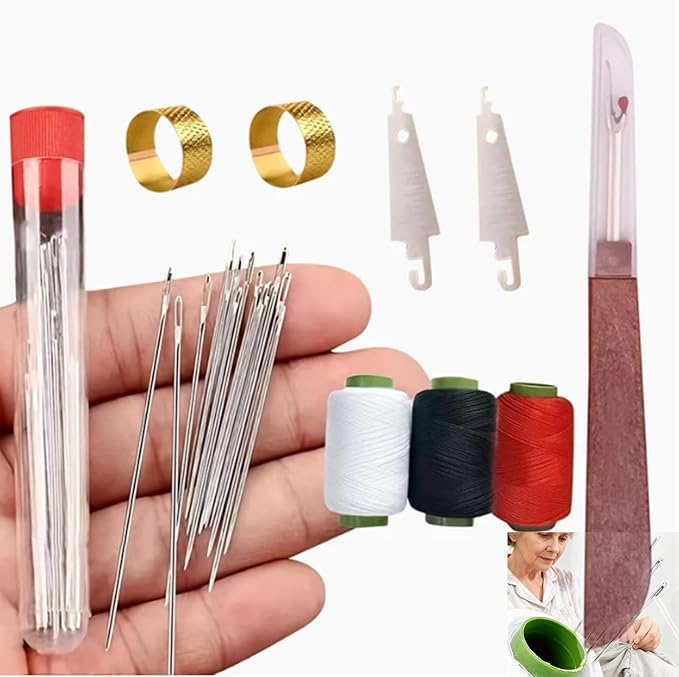 Big Eye Steel Sewing Needles Kit, 34PCS Big Eye Steel Needle Sewing Kit with Needles, Threads, Scissors, Thimble for Home, Travel, DIY Handcraft (Basic Hand Sewing Set