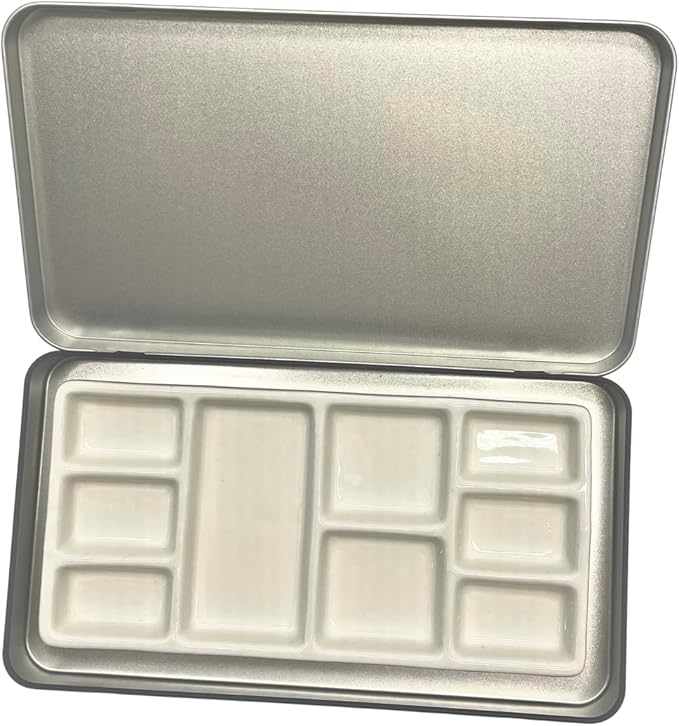 Travel Watercolor Palette, Portable Ceramic Paint Palette with 9 Wells, Empty Wet Palette, Metal Paint Box with Porcelain Palette（Iron Box Style）