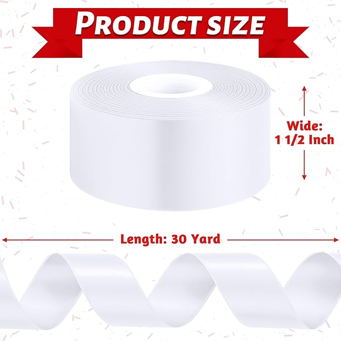 Fullive White Ribbon for Gift Wrapping, 30 Yards White Ribbon 1 1/2 Inch, Solid Polyester Satin Wedding Ribbons for Wedding Christmas Decorations DIY Hair Bows Wrapping Bouquet Floral Arrangements