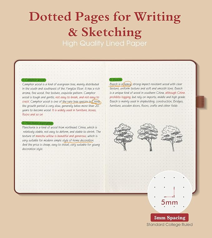 Dotted Journal Notebook for Women Men, 160 Pages Dot Grid Journals for Writing, A5 Hardcover Vintage Leather Bullet Journaling Notebooks for School, Work, Travel, Note Taking 5.8"x8.5"(Brown)