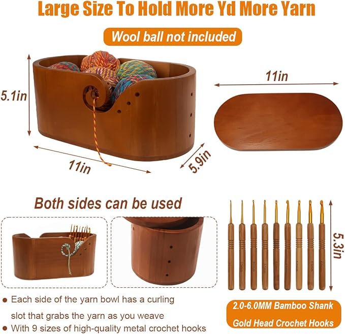 Wooden Oval Yarn Bowls for Crocheting, Handmade Crochet Bowls with Lid and 9 Pcs Knitting Hooks, Knitting Lovers Yarn Storage Bowl for Handmade Knitting Yarn Lovers (Crochet Bowls Black)